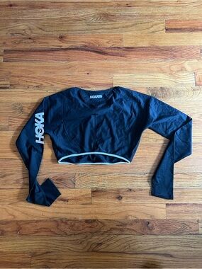 Hoka One One Black Long Sleeve Cropped Performance Top with White Logo